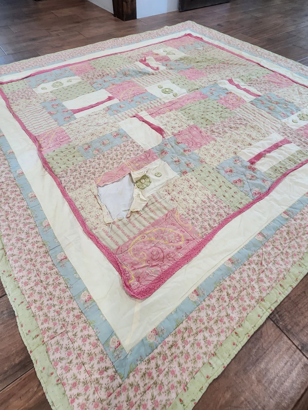 Handmade Pastel Patchwork Quilt Throw - Pink, Blue & Green 80x75